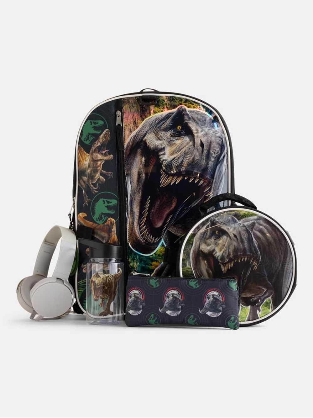 Jurassic Park T-Rex Kids Backpack Set - Black & Green Dino Print WH5